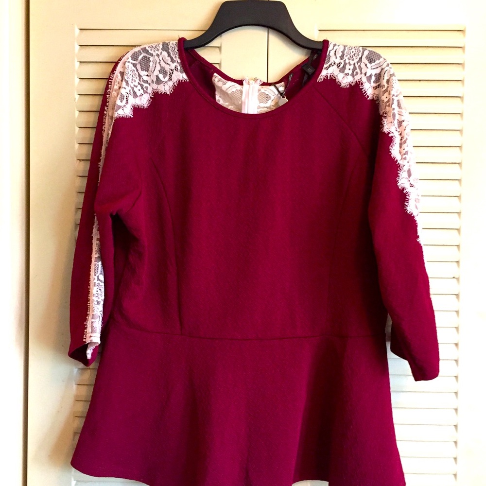 BKB XL Deep Cranberry Blouse with lace inserts